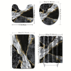 Marble Pattern Shower Curtain Set with 12 Hooks and Non Slip Bathroom Rug