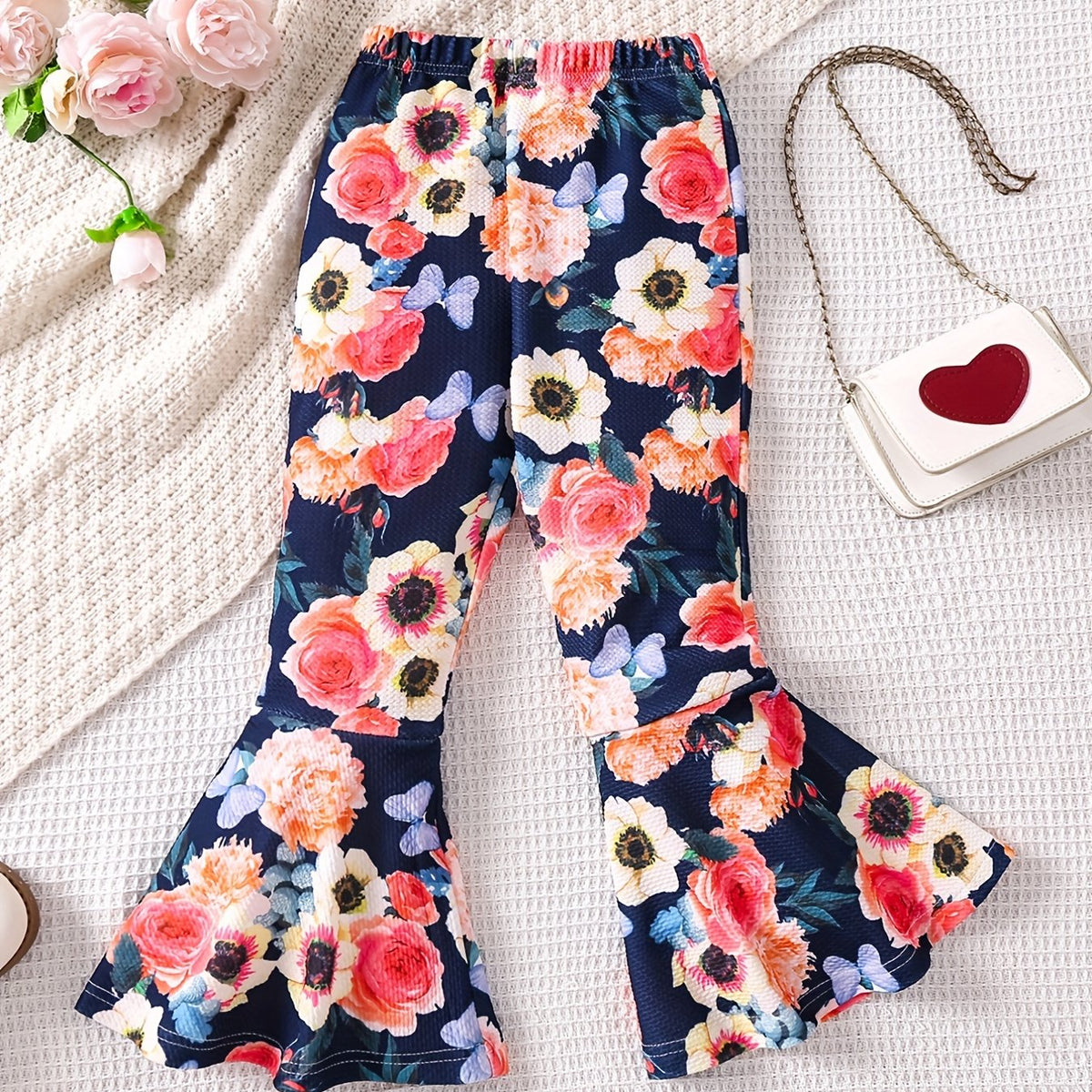 Boho Floral Print Bell Bottom Pants Elastic Waist Stretchy Fit Casual Trousers