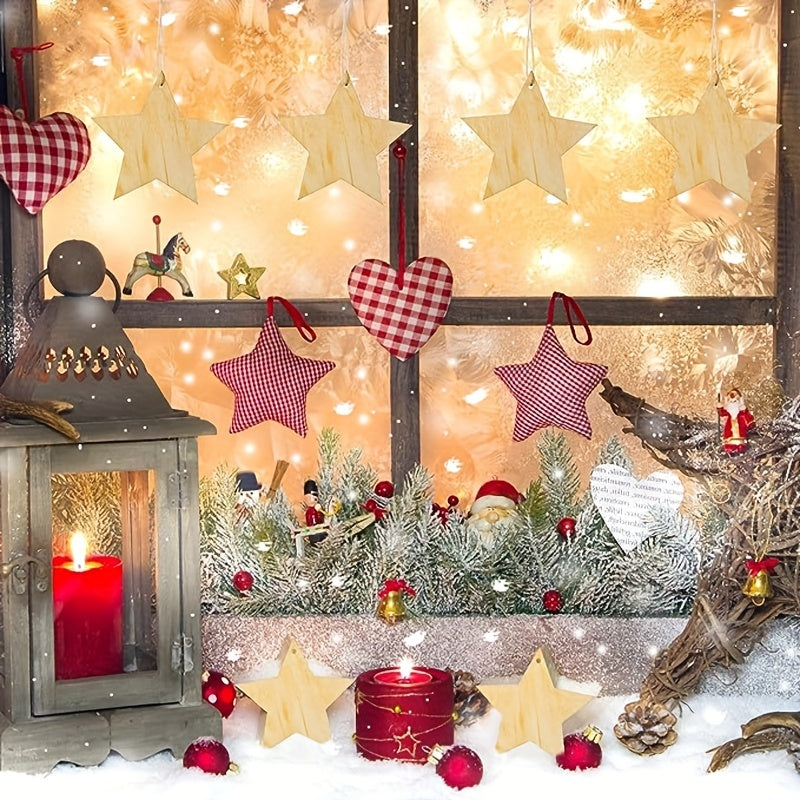 10pcs Wooden Star Ornaments with Hole & Rope DIY Crafts Decoration