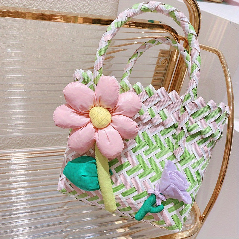 Colorful Plastic Braided Handbag with Flower Decor