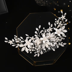 Crystal Silver Pearl Bridal Comb Floral Wedding Rhinestone Pearl Comb