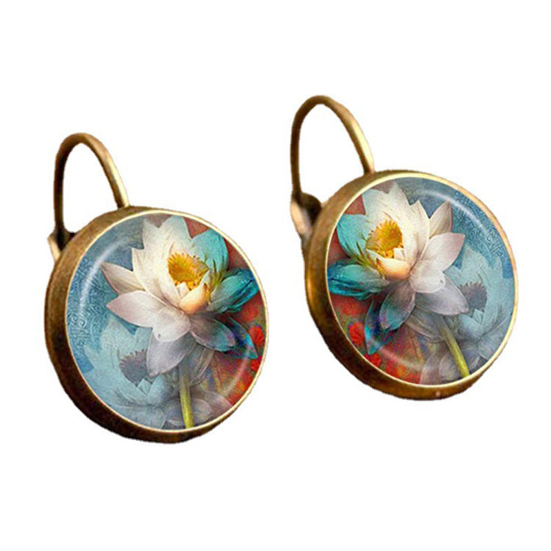 Ethnic Style Time Gemstone Earrings Lotus Violet Pattern Vintage Style Earrings