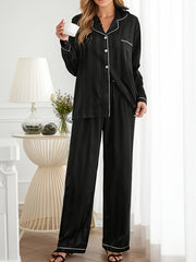 Striped Satin Pajama Set Long Sleeve Buttons Top & Elastic Waistband Pants