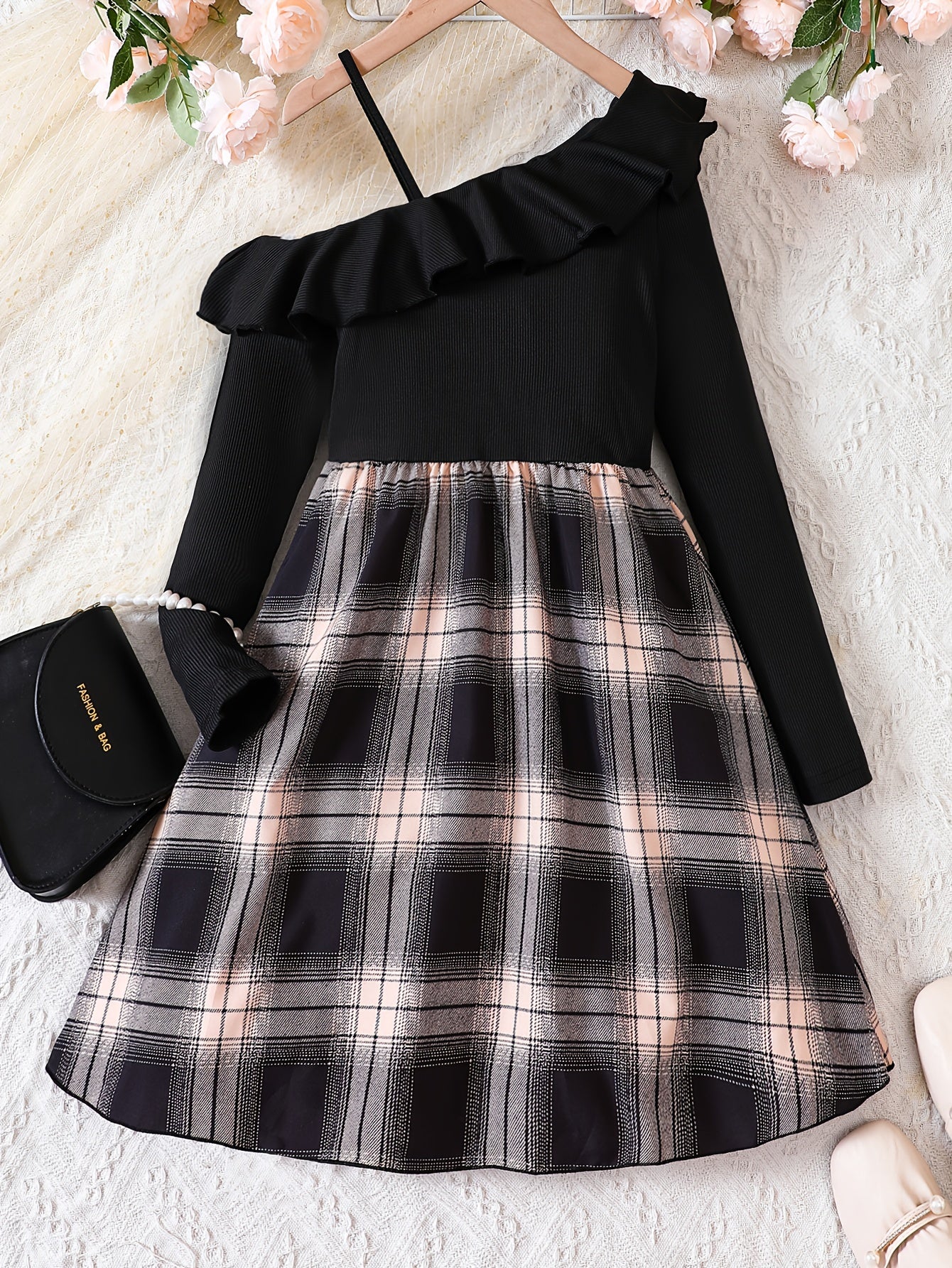 One Shoulder Long Sleeve Plaid Dress For Girls Kids