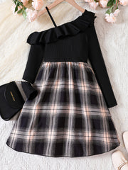 One Shoulder Long Sleeve Plaid Dress For Girls Kids