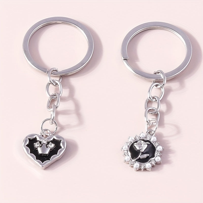 Rose Heart Keychain Rhinestone & Faux Pearl Key Ring Purse Bag Car
