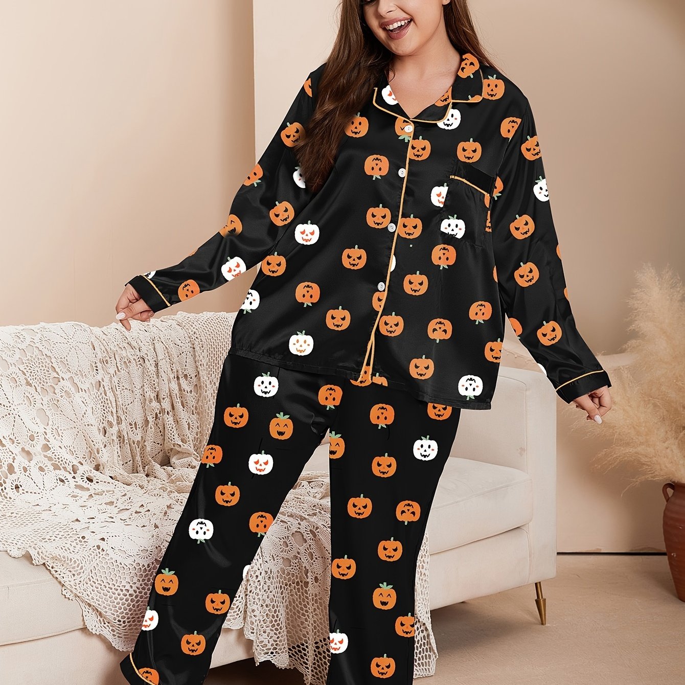  Halloween Party Pajamas Set Pumpkin Print Satin Shirt & Pants
