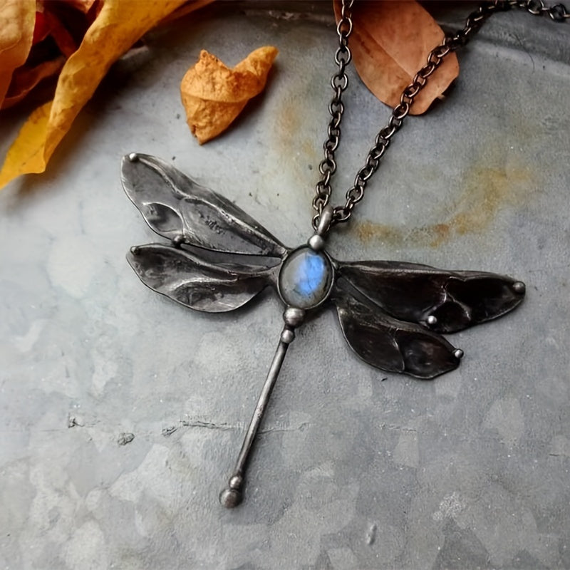 Vintage Dragonfly Pendant Moonstone Necklace Animal Jewelry