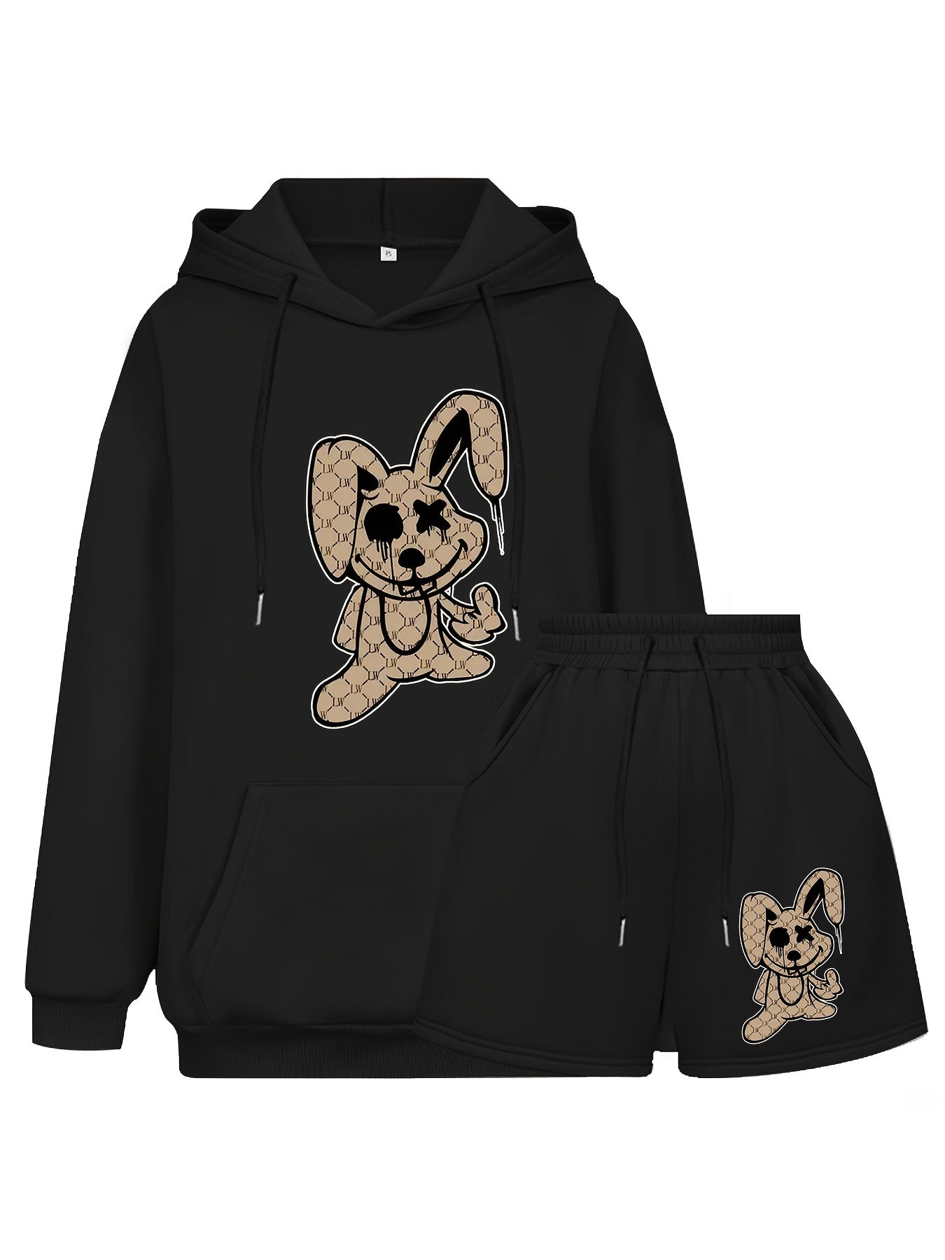  Rabbit Print Hoodie & Shorts 2 Piece Set