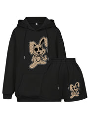  Rabbit Print Hoodie & Shorts 2 Piece Set