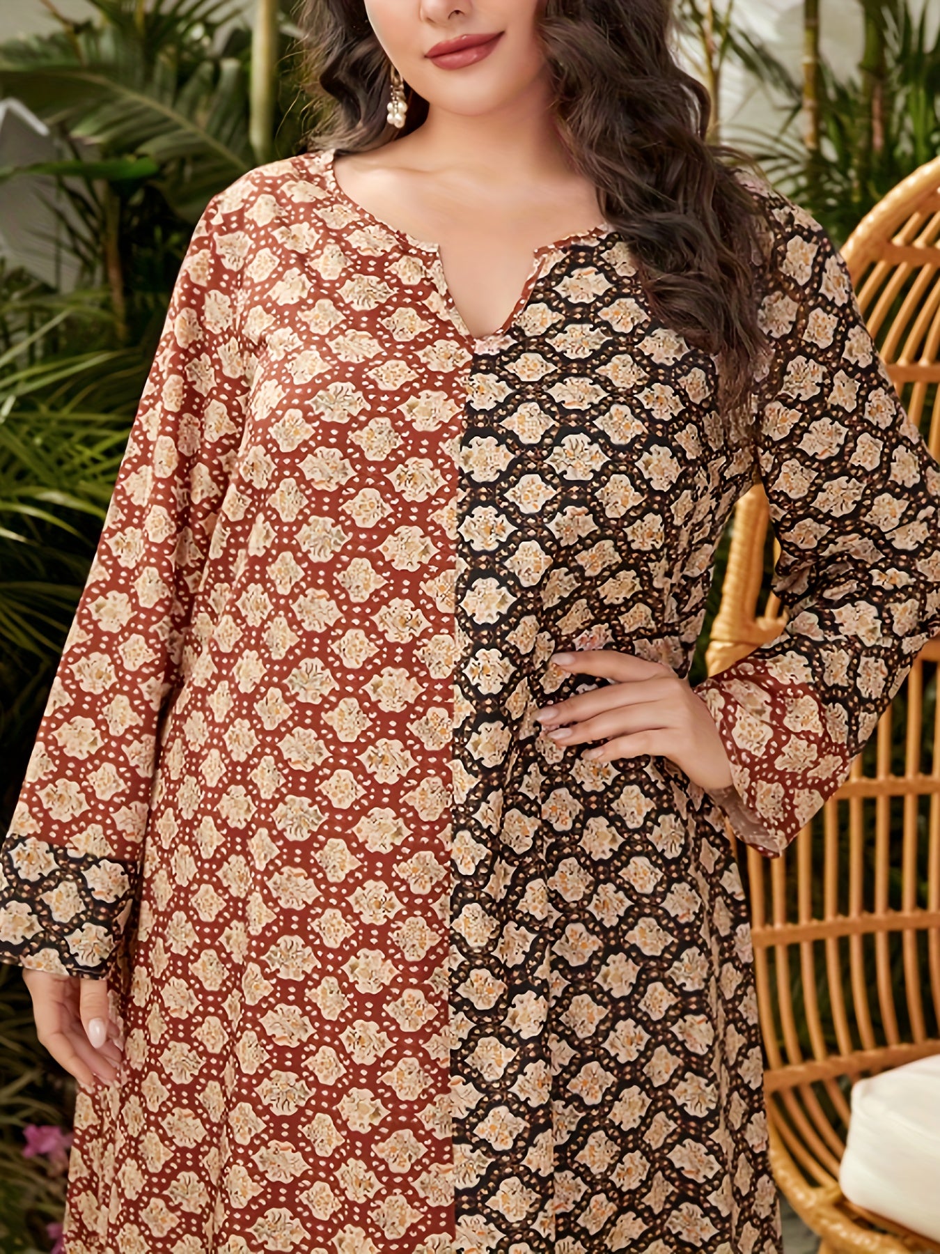  Boho Abaya Dress Women's Plus Colorblock Allover Print Long Sleeve
