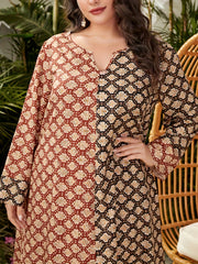  Boho Abaya Dress Women's Plus Colorblock Allover Print Long Sleeve