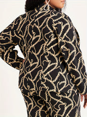 Plus Chain Print Blazer & Pants Suit Set