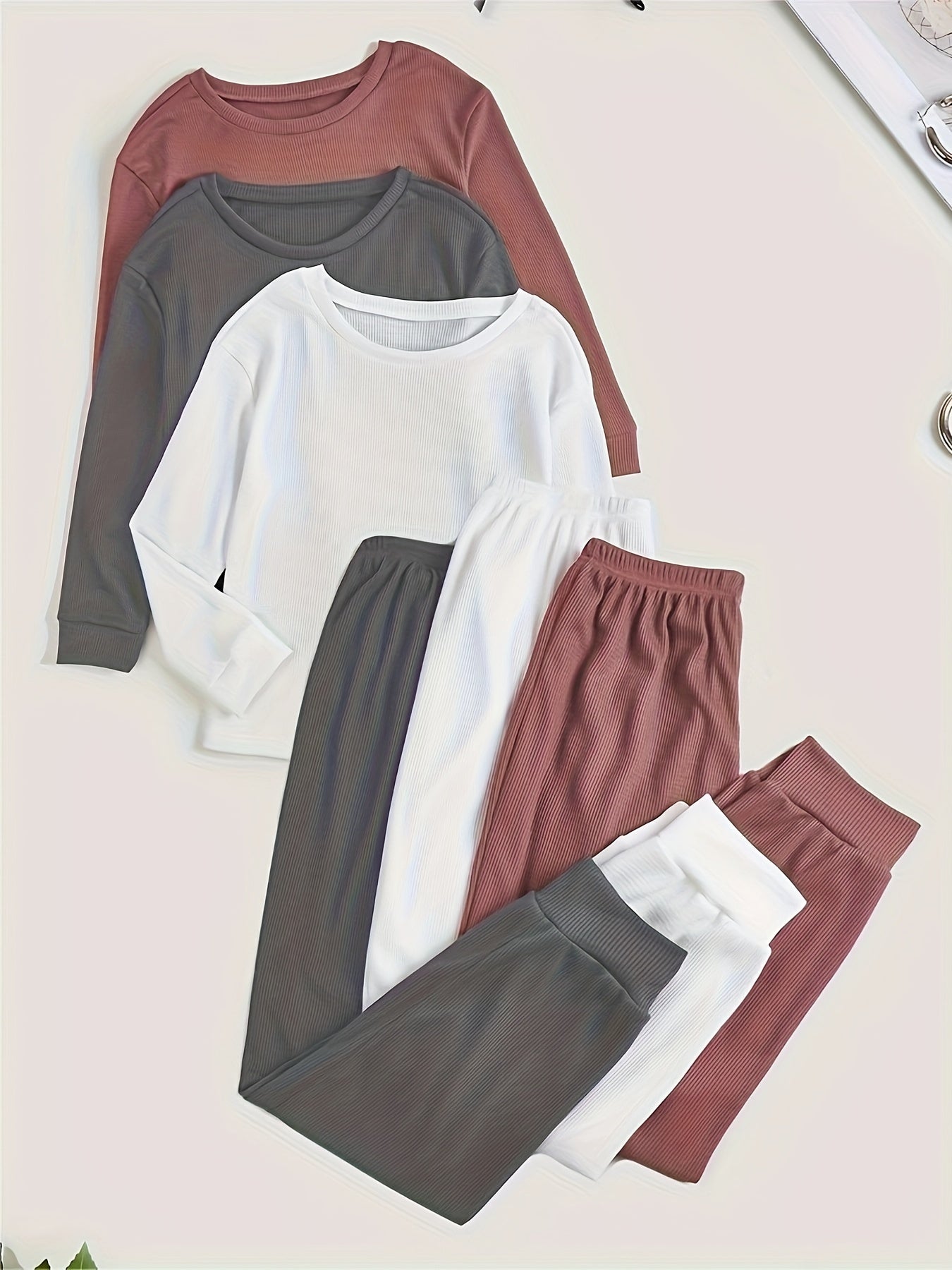 Solid Ribbed Lounge Set Long Sleeve Crew Neck Top & Elastic Waistband Pants