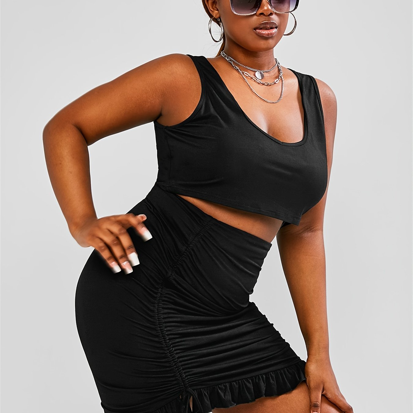  2pcs Set: Cropped Tank Top & Cinched Drawstring Skirt