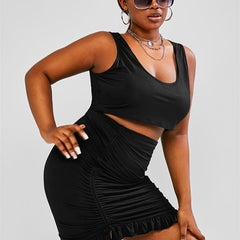  2pcs Set: Cropped Tank Top & Cinched Drawstring Skirt