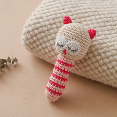 Crochet Owl Bell Toy Soft Nylon Sensory Stimulation Bead Eyes Pink Teething Toy