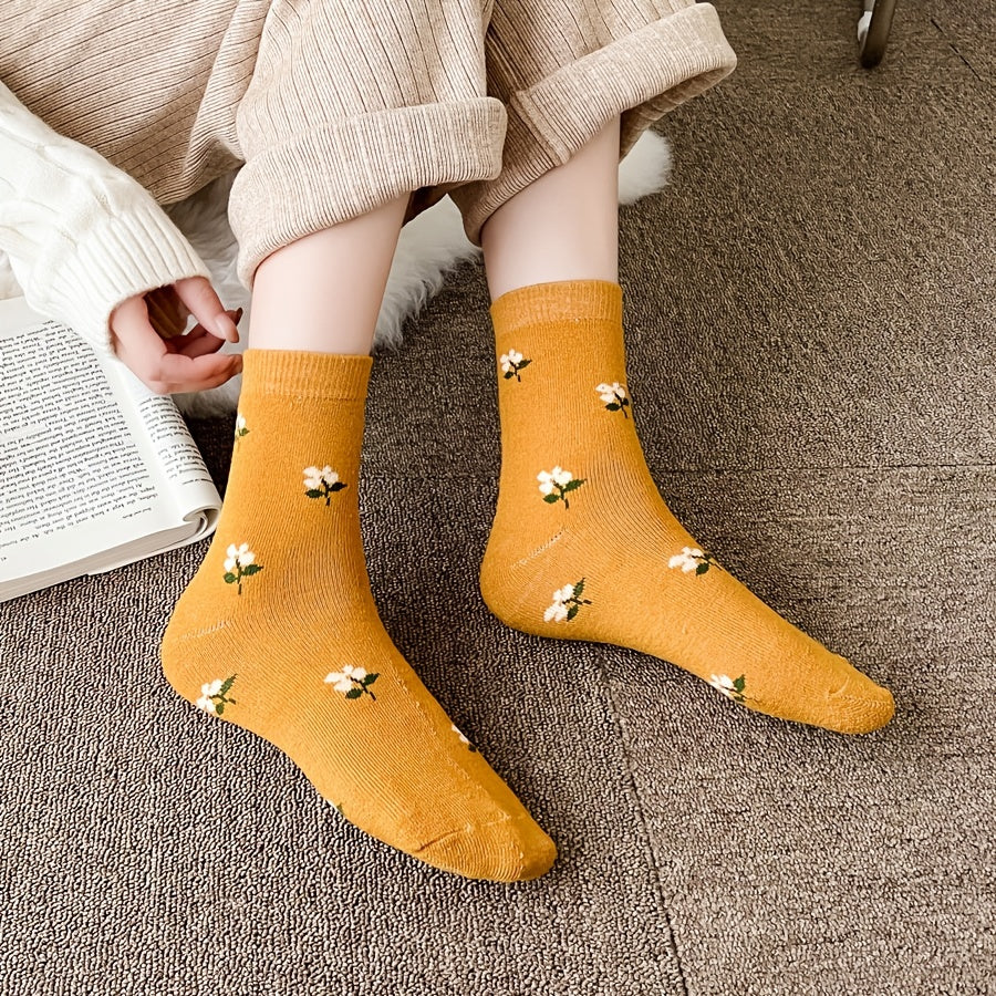 Sweet Floral Print Colorblock Mid Tube Socks Women's Stockings
