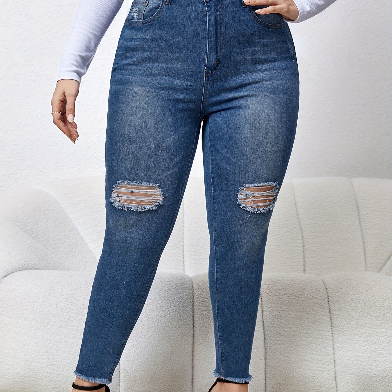  Casual Jeans Women's Plus Washed Ripped Button Fly High Stretch Jeans