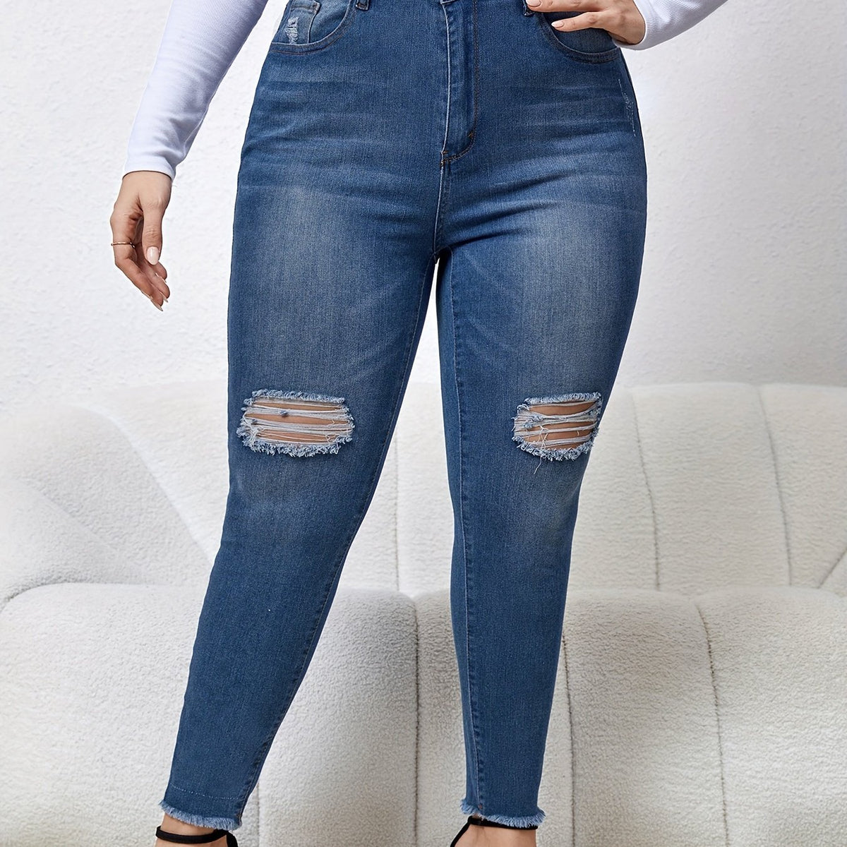  Casual Jeans Women's Plus Washed Ripped Button Fly High Stretch Jeans