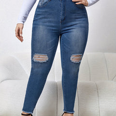  Casual Jeans Women's Plus Washed Ripped Button Fly High Stretch Jeans