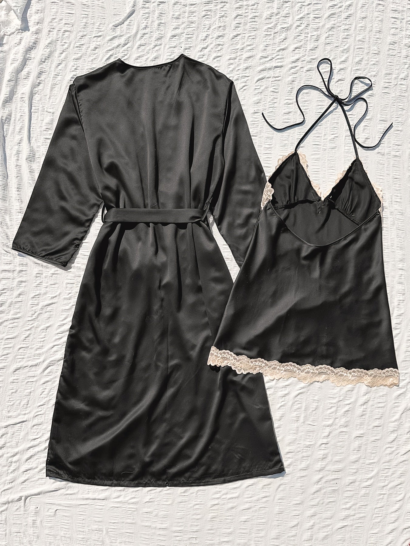 2pcs Satin Robe & Cami Dress Set with Lace Trim