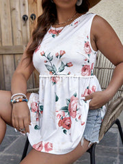  Floral Print Frill Trim Neck Peplum Tank Top