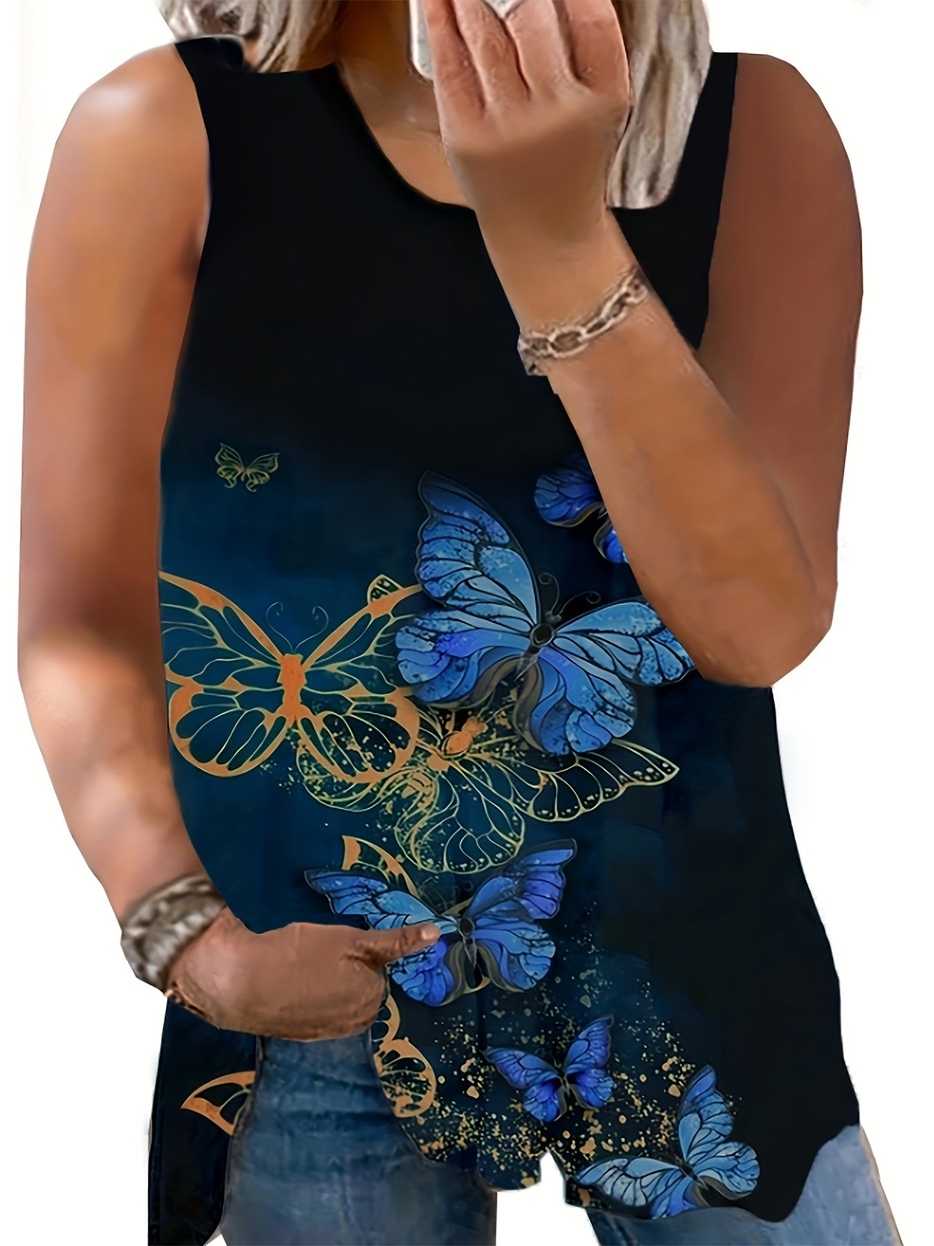  Butterfly Print Tank Top Round Neck Medium Stretch