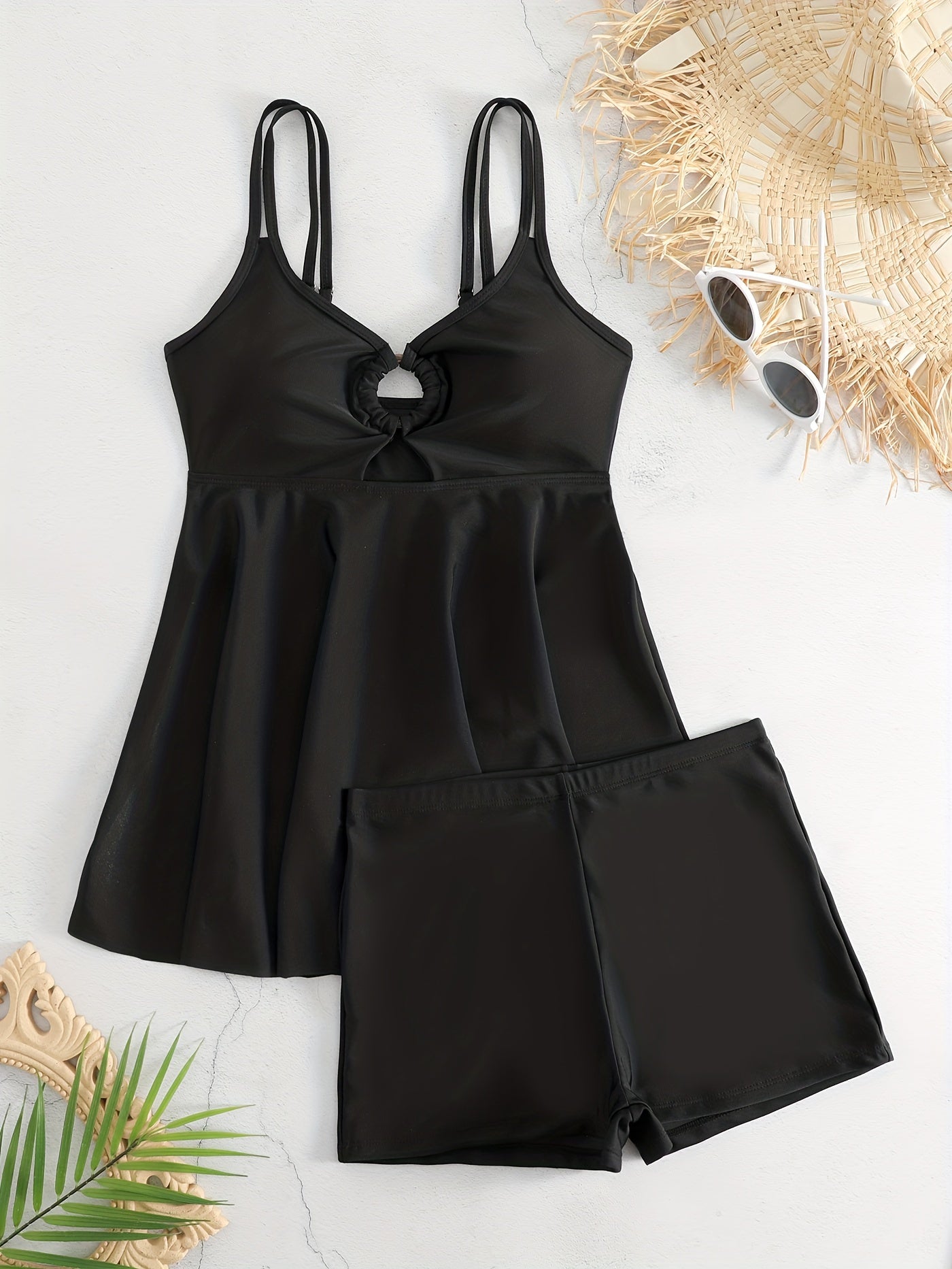  Modest Tankini Set Solid V Neck Tank Top & Shorts Swimsuit Two Piece