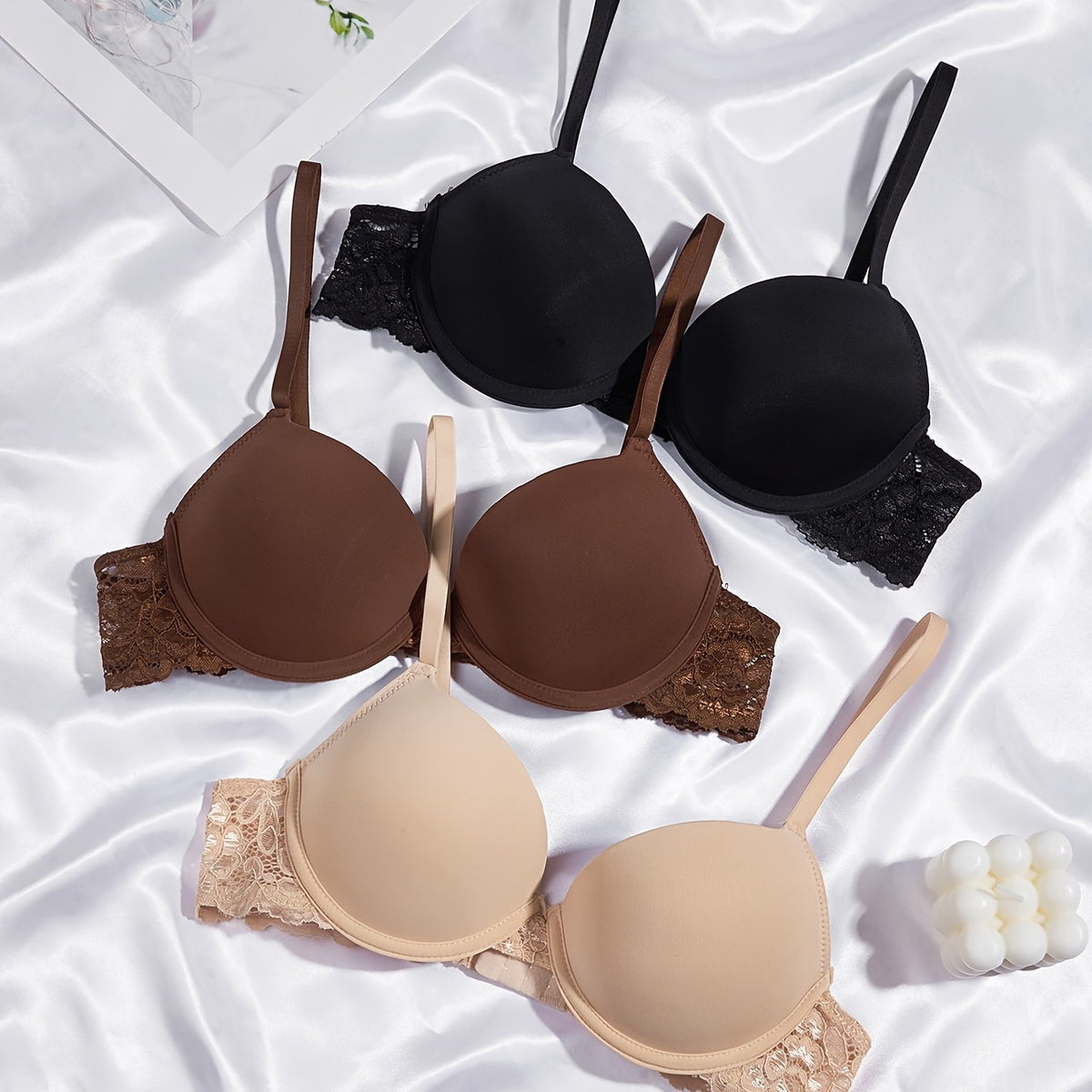 3pcs Lace T Shirt Bras Push Up Comfy & Breathable Women's Lingerie