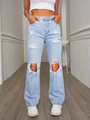 High Waist Ripped Jeans Loose Fit Slash Pockets