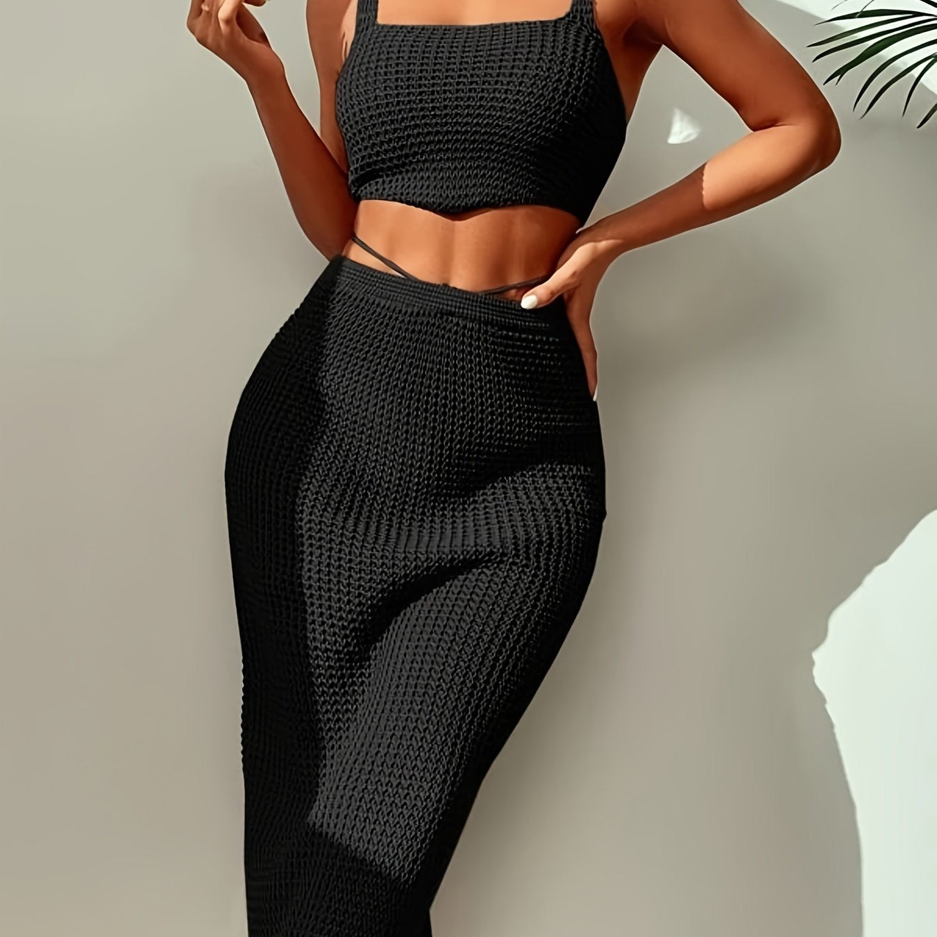 Knitted Two piece Set Spaghetti Crop Top & High Waist Split Skirts