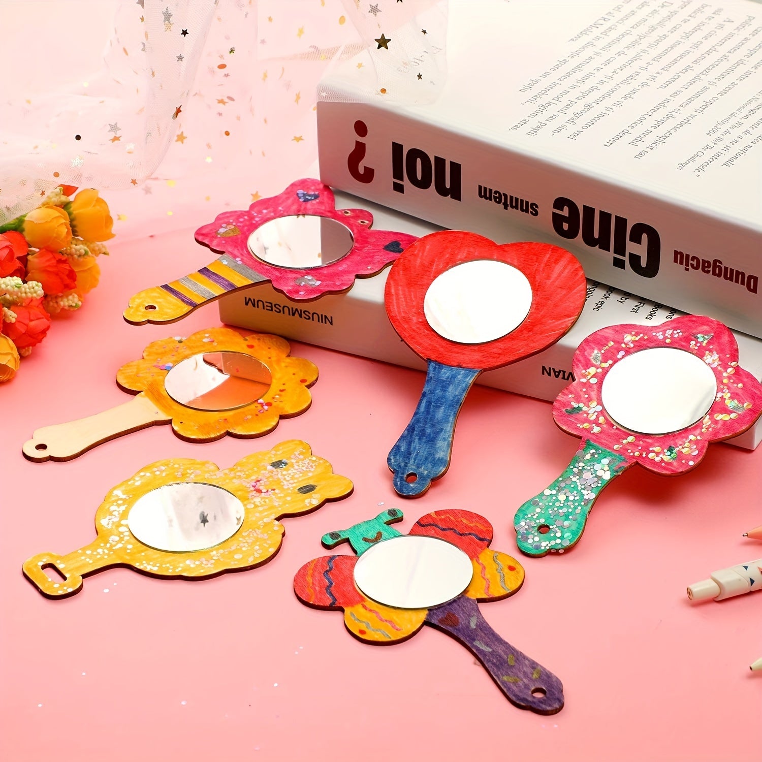 12pcs Mini Wooden Graffiti Mirrors for DIY Painting