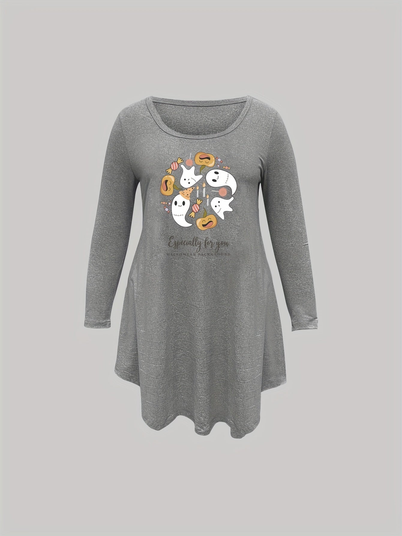  Cartoon Pumpkin & Ghost Print Long Sleeve Nightdress