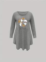  Cartoon Pumpkin & Ghost Print Long Sleeve Nightdress