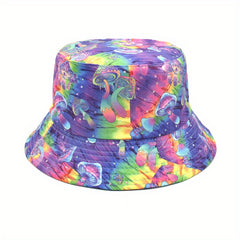 Y2K Rainbow Mushroom Bucket Hat Tie Dye Print Reversible Fisherman Cap