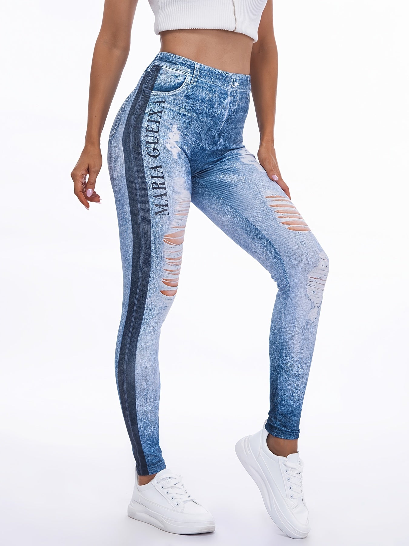 Floral Printed High Waist Leggings Faux Denim Yoga Pants