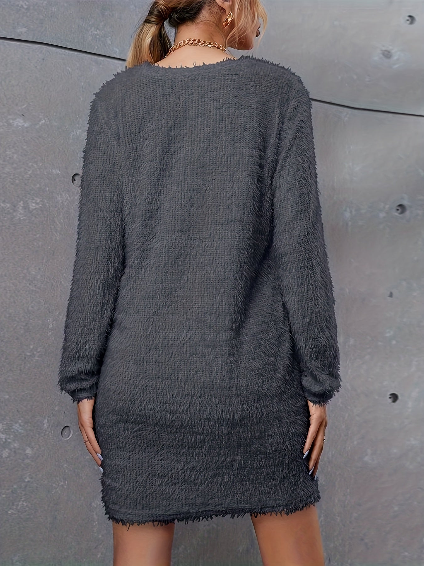  Solid Fuzzy Long Sleeve Round Neck Bodycon Midi Dress
