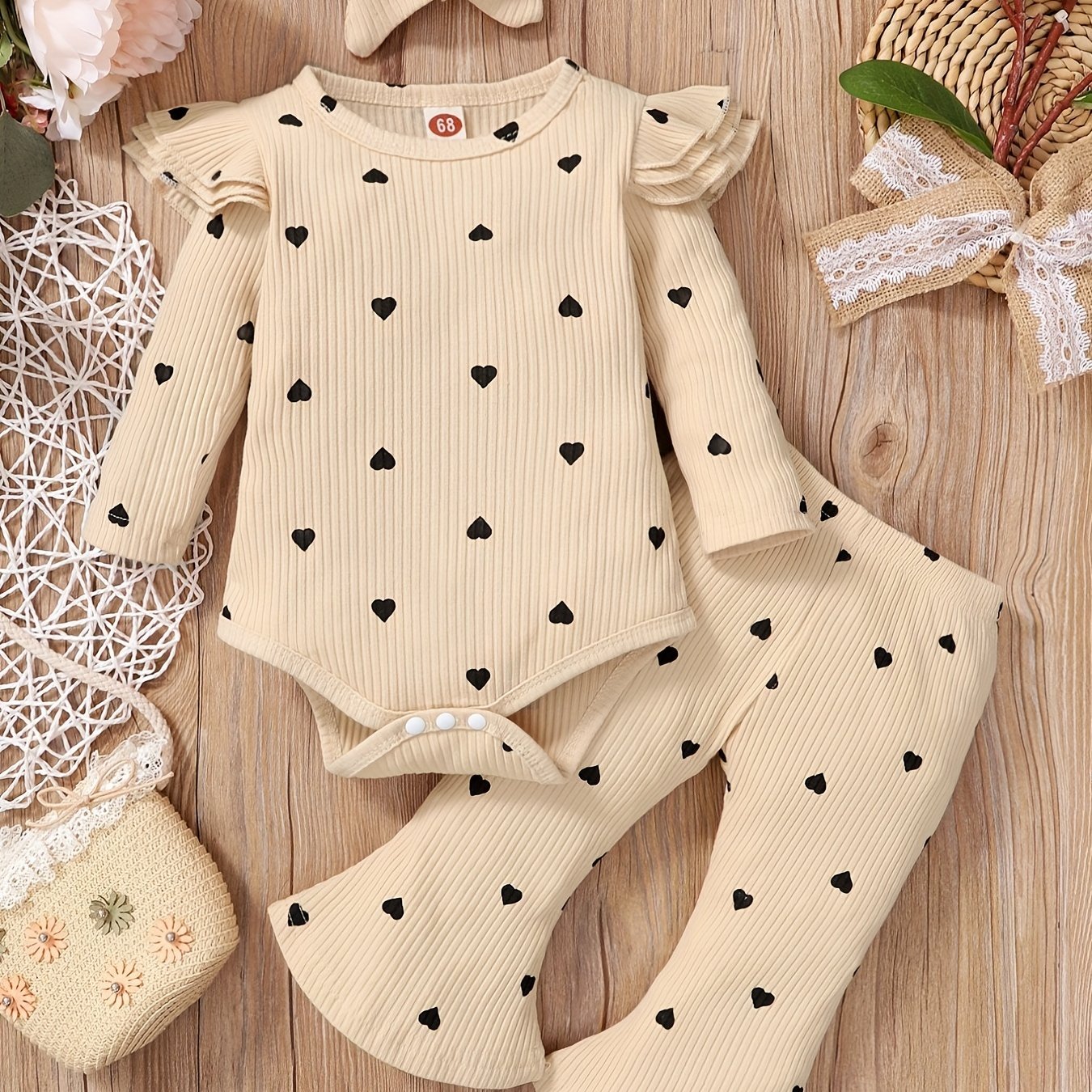 Heart Print Bodysuit Flared Pants 2pcs Casual Set