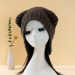 Bear Ears Knit Hat Solid Fleece Beanie Warm Animal Hat Ear Protection