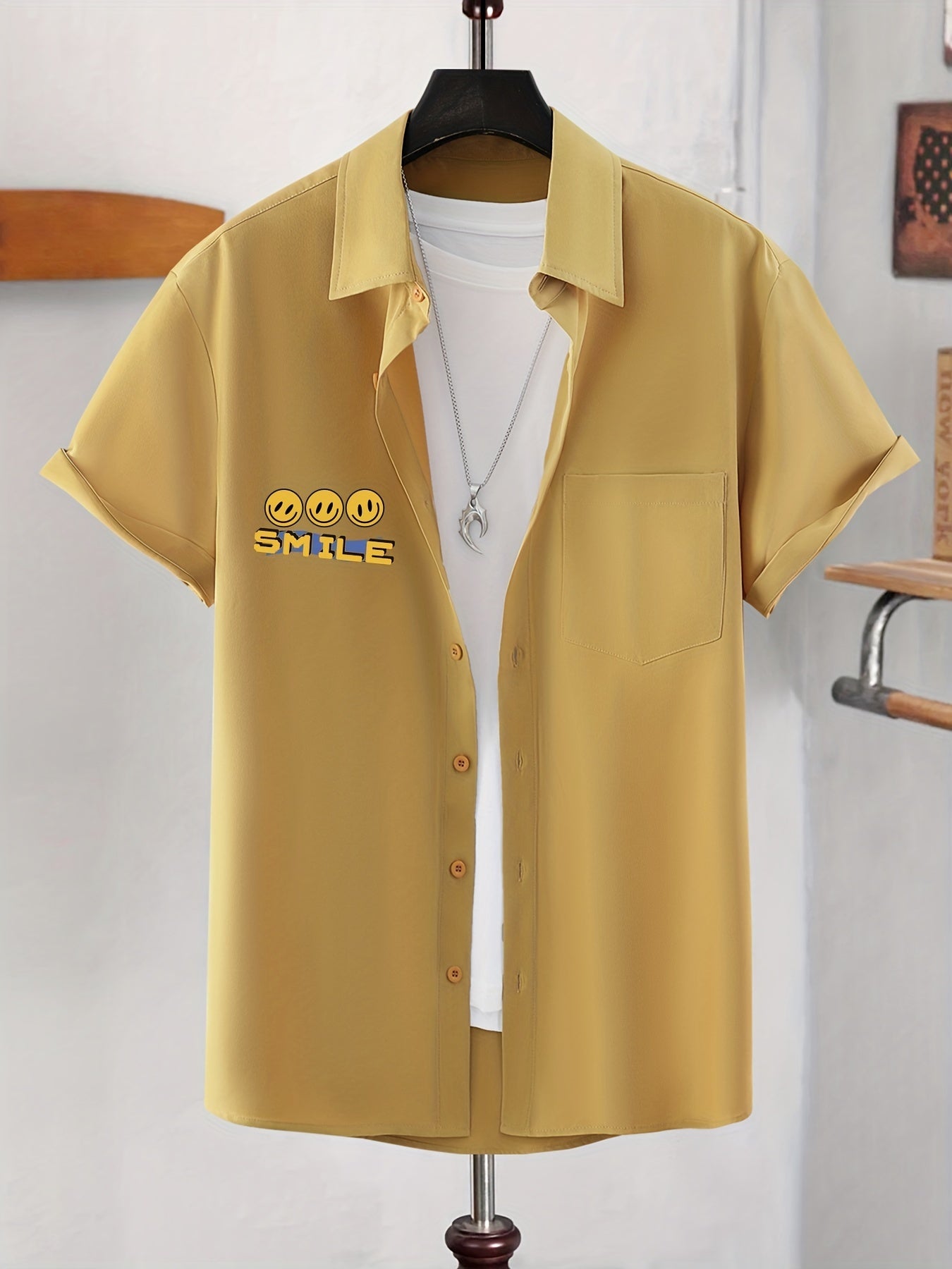 Skull Hot Dog & Letter Graphic Print Men's Casual Lapel Shirt