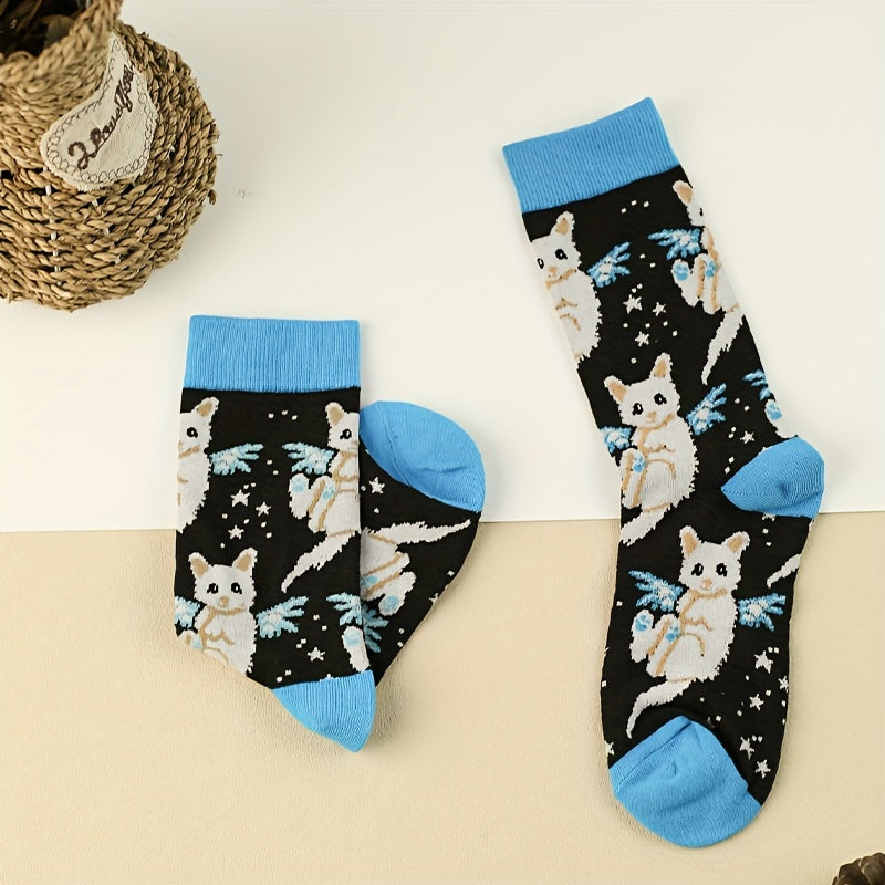 3 Pairs Cartoon Cat Print Socks Comfy & Mid Tube Socks Women's Stockings