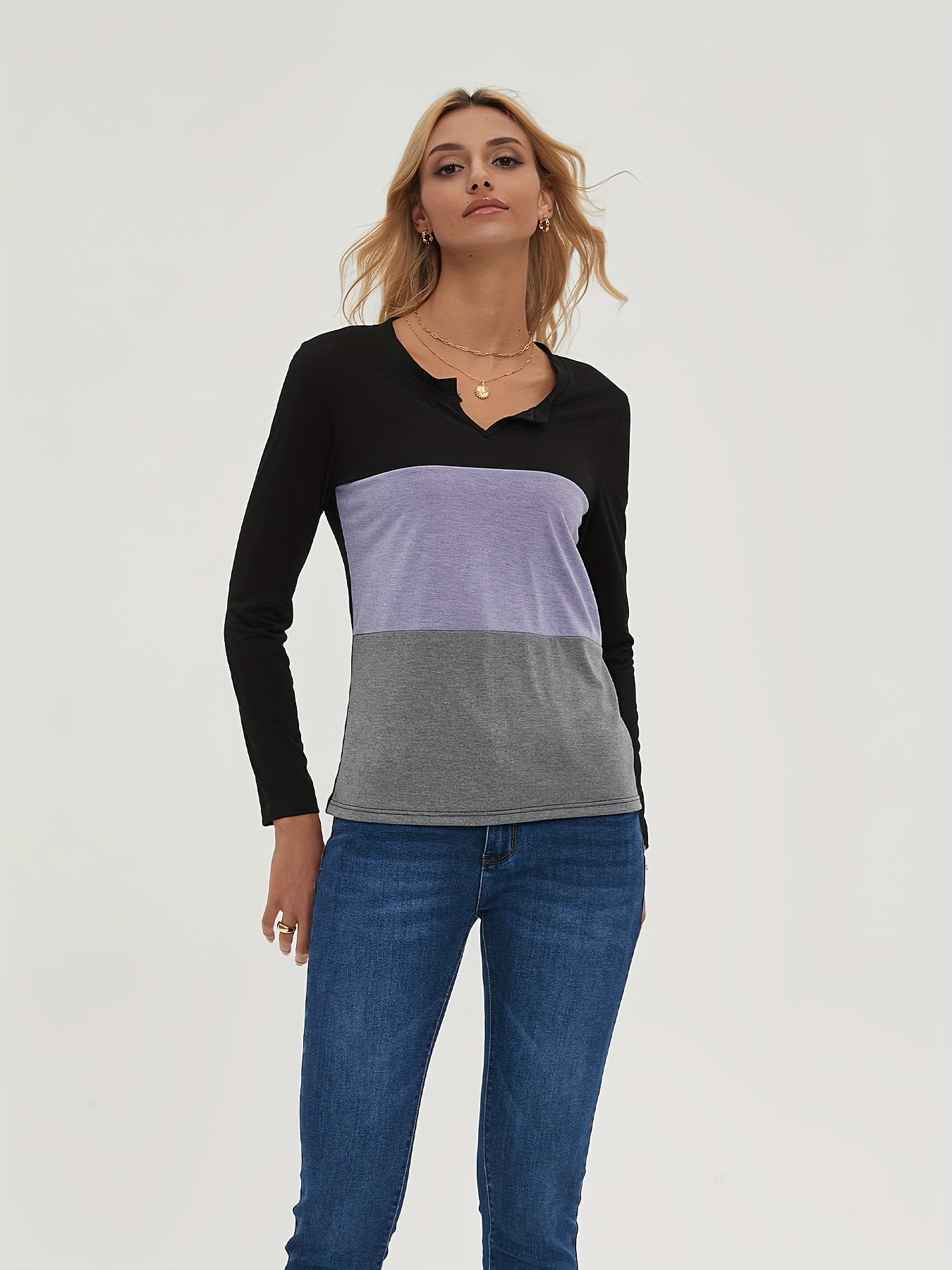 Block Long Sleeve V Neck Pullover Tops Women's Tops
