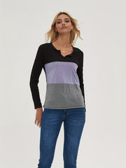 Block Long Sleeve V Neck Pullover Tops Women's Tops