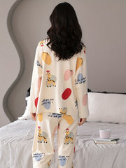 Cartoon Fawn Pajama Set Long Sleeve Crew Neck Top & Pants