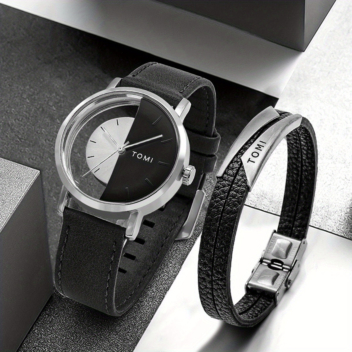 Men's Round Dial Quartz Watch & Letter Detail Bracelet Set