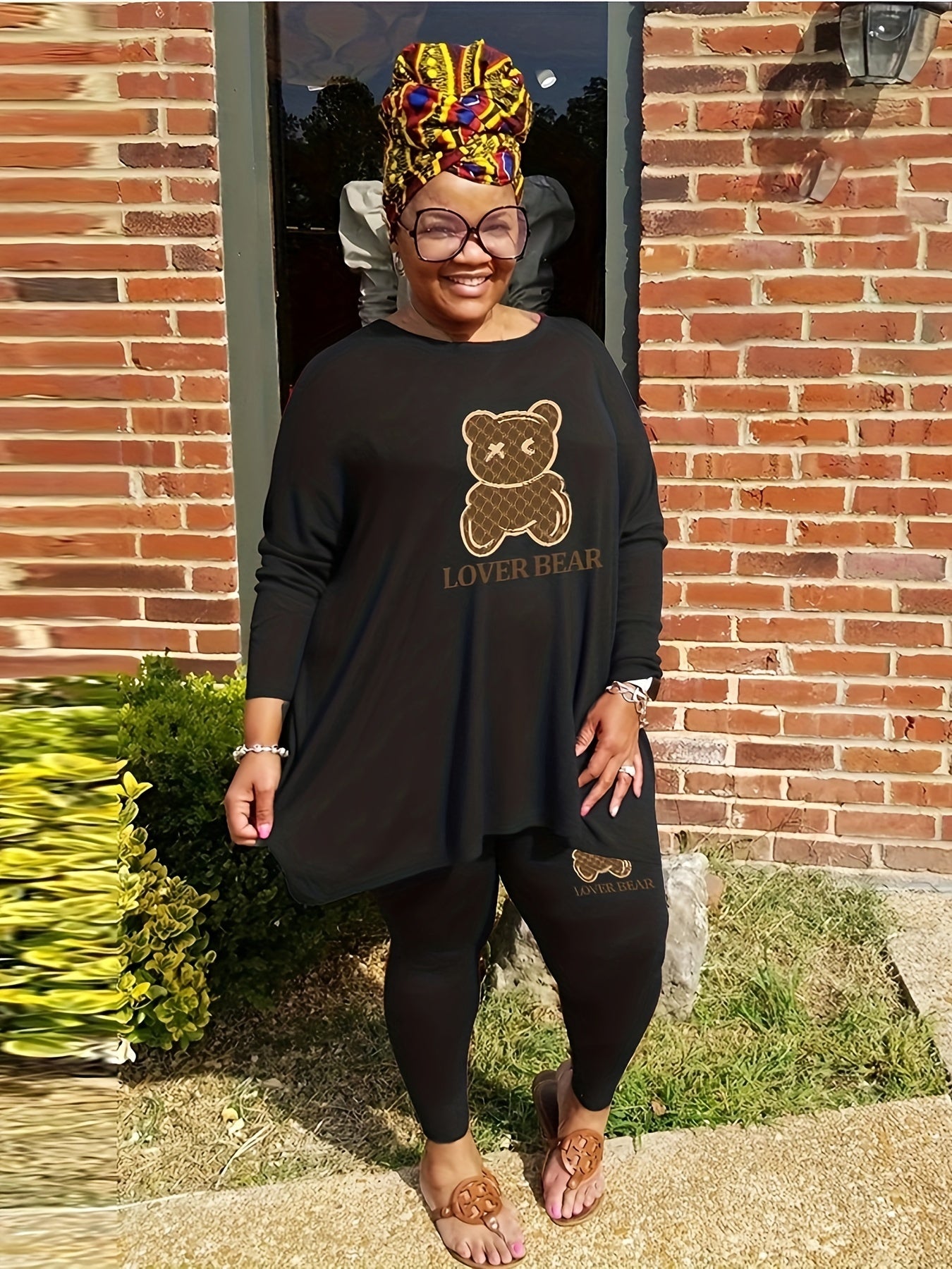 Women's Plus Bear & Letter Print Tunic Top & Leggings Set