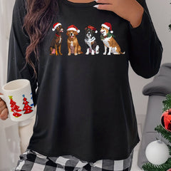  Christmas Loungewear Top Dogs Print Long Sleeve Sleepwear Tee