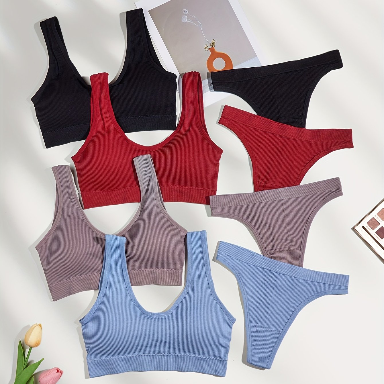 Solid Ribbed Push Up Bra & Thong Lingerie Set