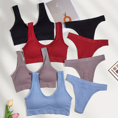 Solid Ribbed Push Up Bra & Thong Lingerie Set